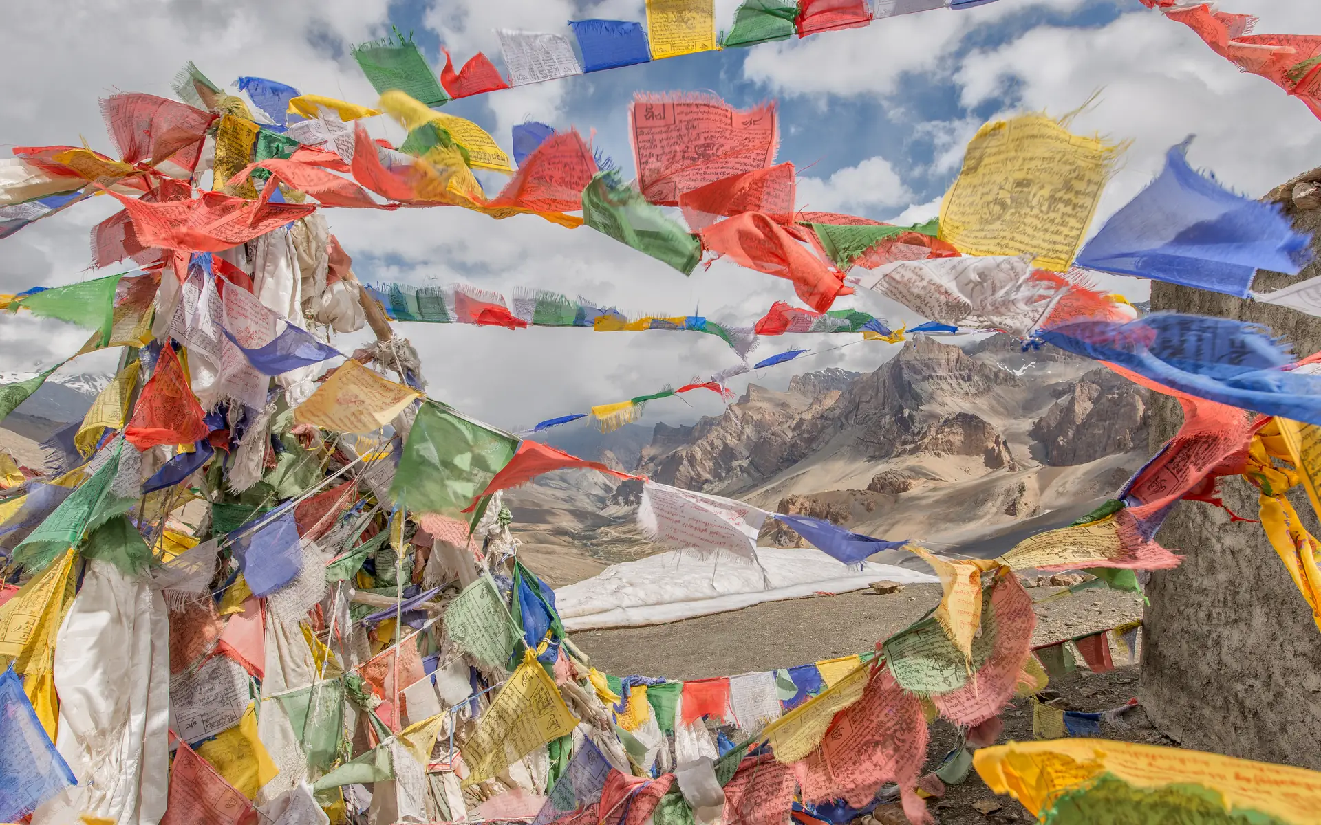 Prayer flags above Ladakh's high mountain landscape