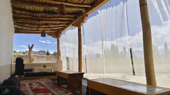 Outdoor garden seating at the Wandering Wisdom wellness center