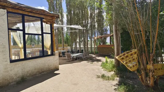 Open-air seating with mountain views at the wellness center